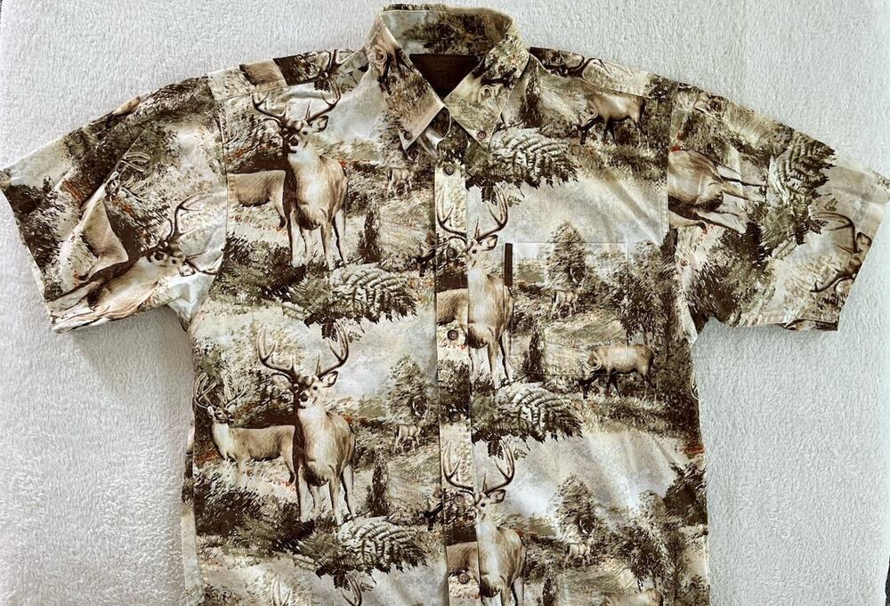 Clearwater Outfitters Men’s M Deer Buck Oxford Shirt Brown Beige Forest AOP